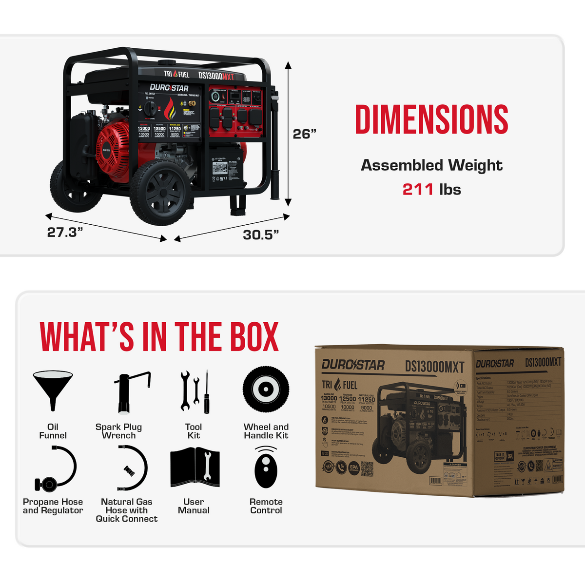 DuroStar DS13000MXT 13,000W/10,500W 500cc Electric Start Tri Fuel Portable Generator w/ CO Alert