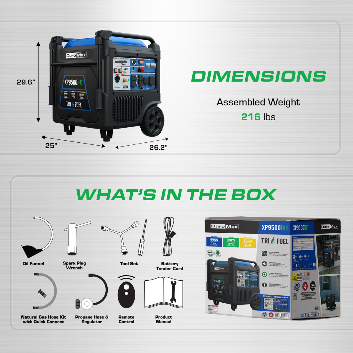DuroMax XP9500iHT 9,500 Watt Portable Tri Fuel Inverter Generator - Quiet, Low THD