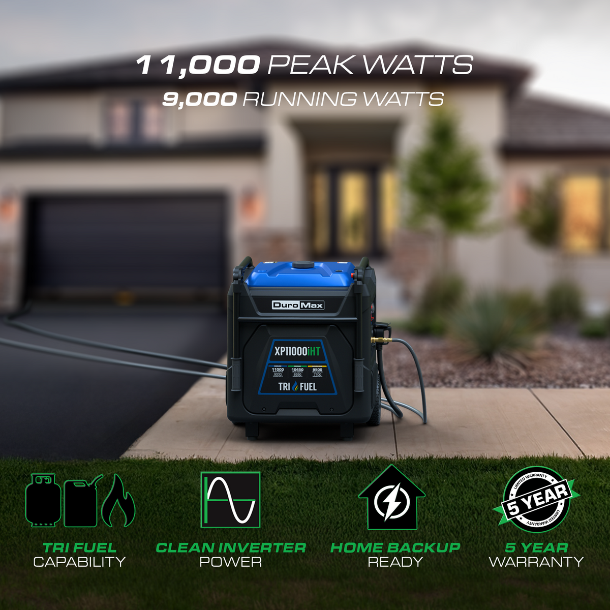 DuroMax XP11000iHT 11,000 Watt Portable Tri Fuel Inverter Generator - Quiet, Low THD