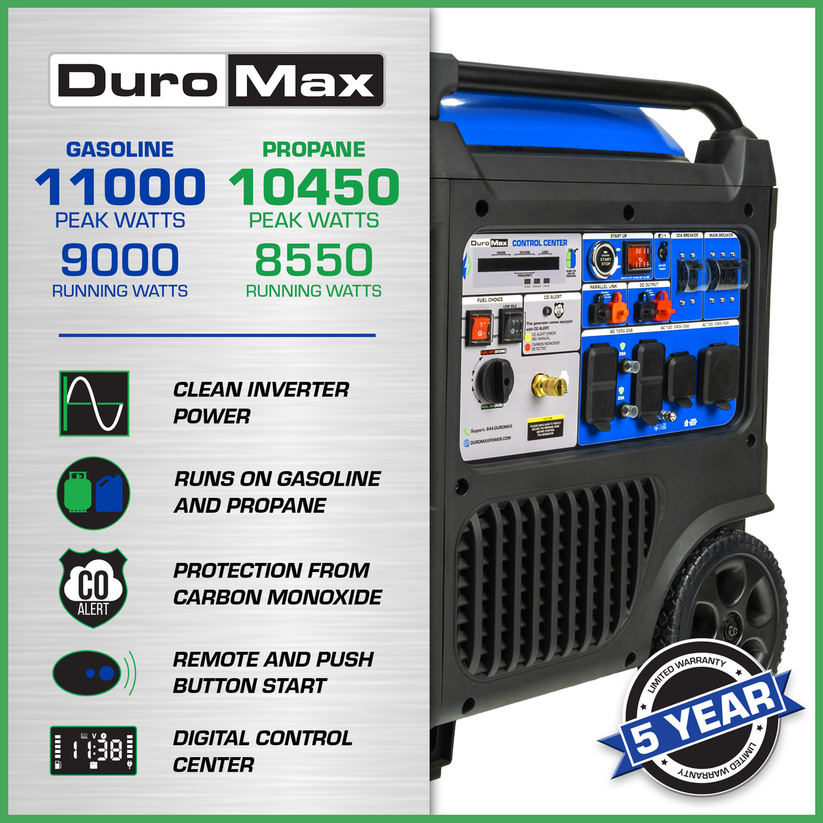DuroMax XP11000iH 11,000 Watt Portable Dual Fuel Inverter Generator - Quiet, Low THD