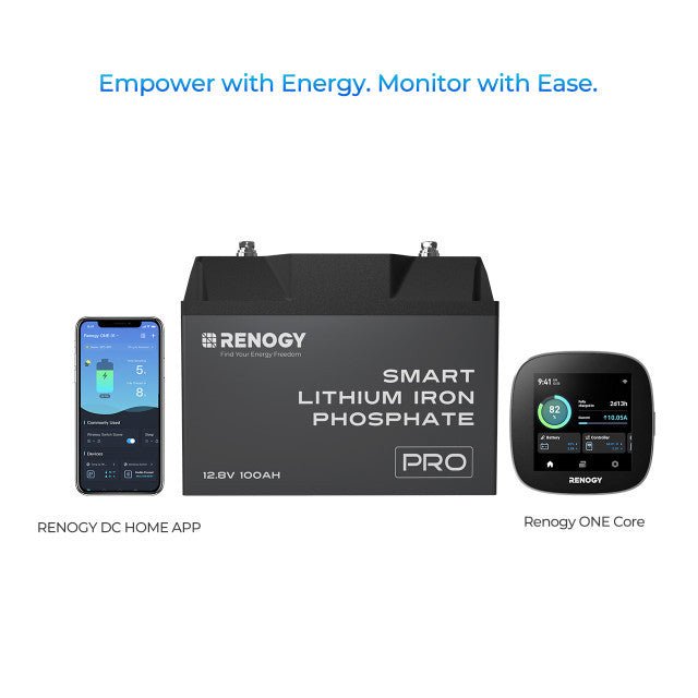 Renogy 12V 100Ah Pro Smart Lithium Iron Phosphate Battery With Bluetooth & Self-heating Function + Renogy ONE Core