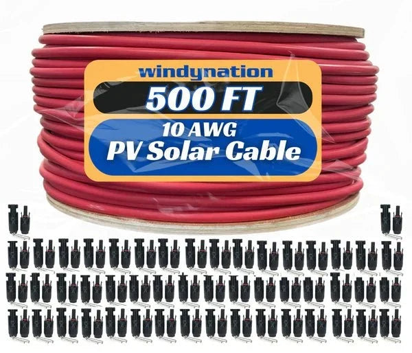 WindyNation 500 Foot Spool 10 Gauge 10 AWG Red Pure Copper Solar Panel Extension Cable Wire