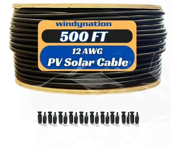 WindyNation 500 Foot Spool 12 Gauge 12 AWG Black Pure Copper Solar Panel Extension Cable Wire